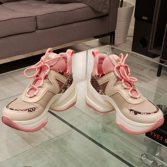 EUC- Michael Kors Olympia mixed media baby pink platform sneakers - Picture 1 of 14